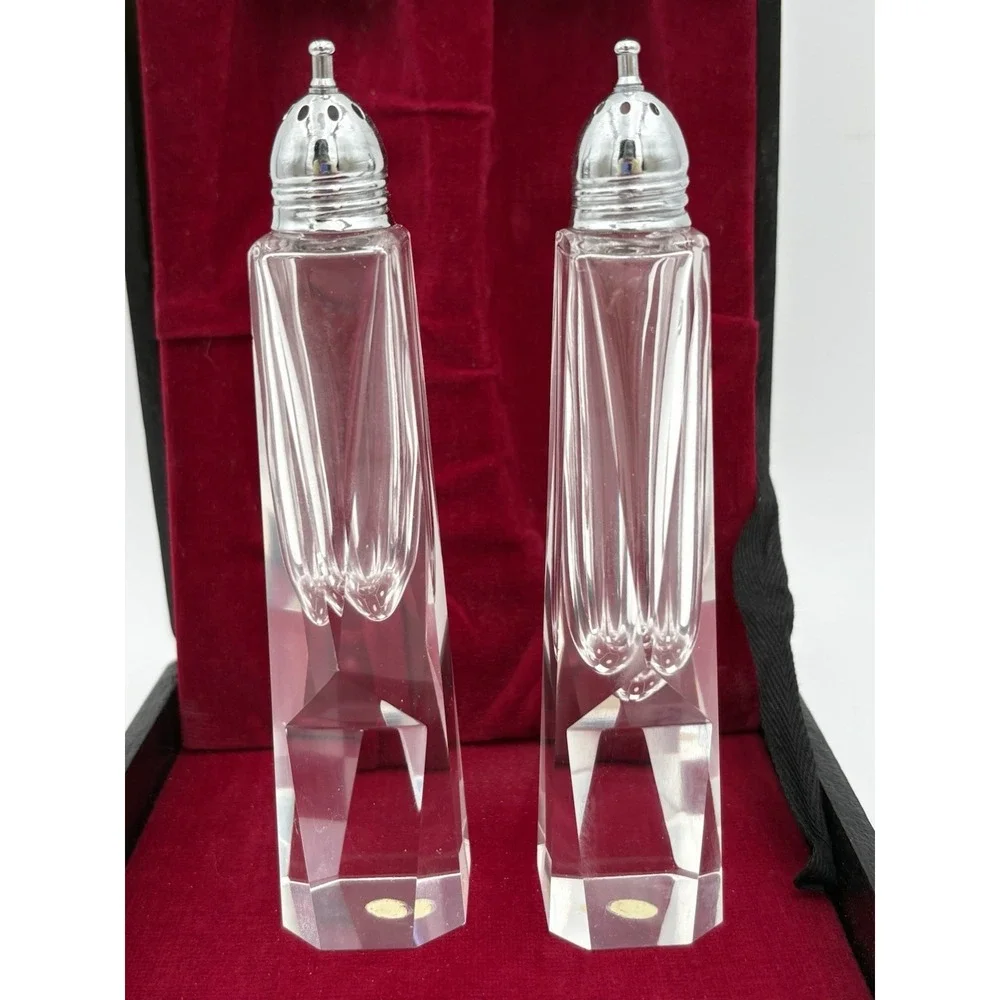 MCM‎ Art Deco Cut Crystal Salt & Pepper Shakers Faceted Silver Plate Heavy Japan